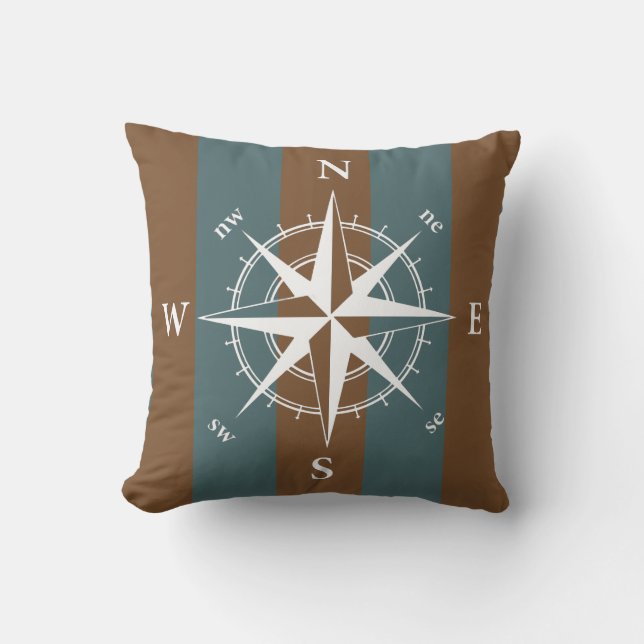 Nautical compass retro muted teal brown strips throw pillow (Front)