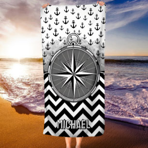 Nautical Compass Rose Anchors Black White Chevron Beach Towel