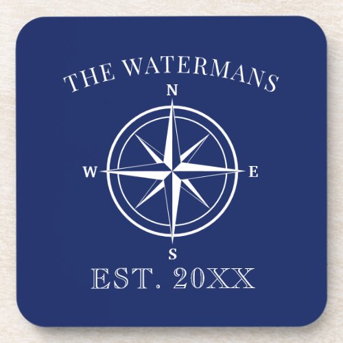 Nautical Compass Rose Family Name Navy Blue Beverage Coaster