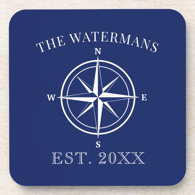 Nautical Compass Rose Family Name Navy Blue Beverage Coaster (Front)