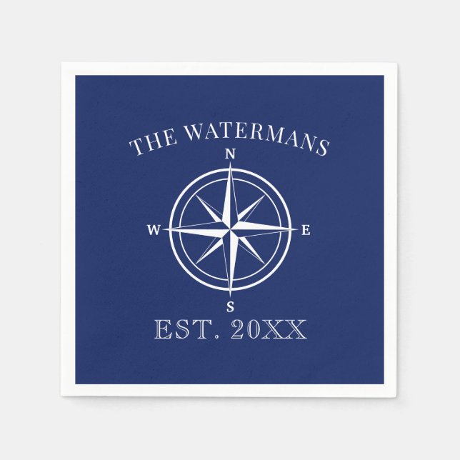 Nautical Compass Rose Family Name Navy Blue Napkins (Front)