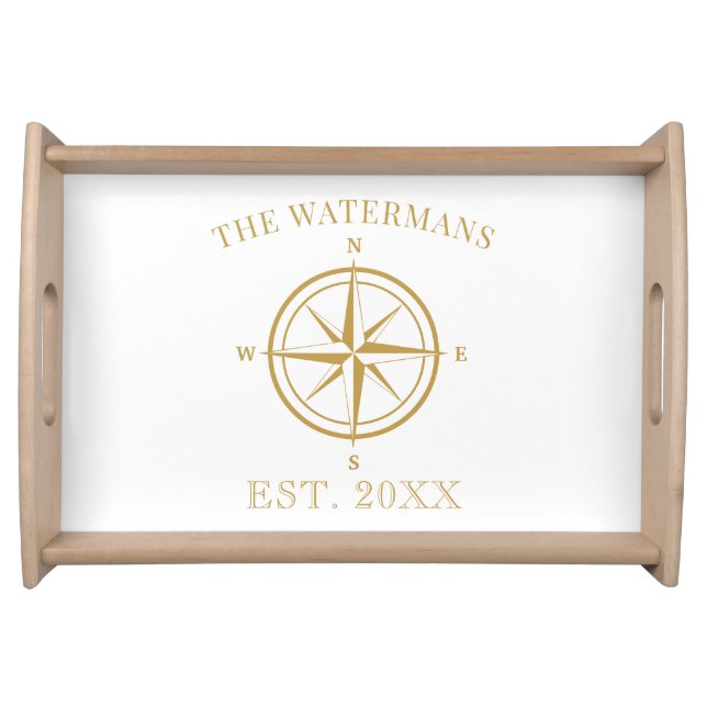 Nautical Compass Rose Gold Family Name Serving Tray (Front)