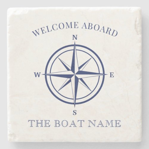 Nautical Compass Rose Navy Blue Boat Name Stone Coaster
