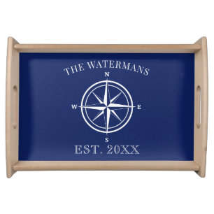 Nautical Compass Rose Navy Blue Family Name Serving Tray