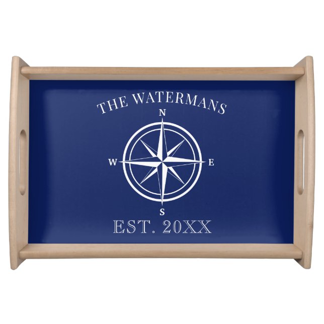 Nautical Compass Rose Navy Blue Family Name Serving Tray (Front)