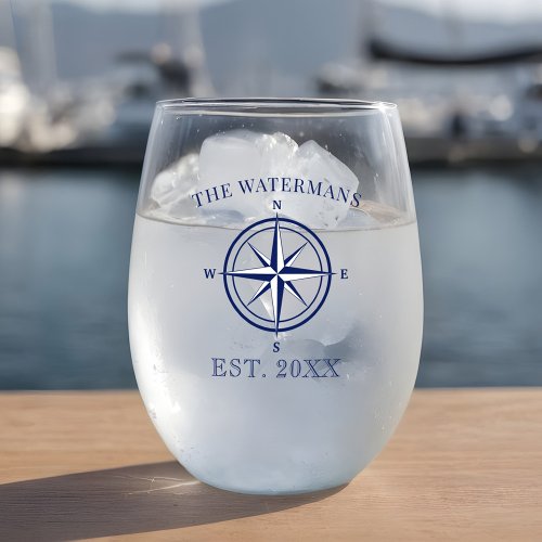 Nautical Compass Rose Navy Blue Family Name Stemless Wine Glass