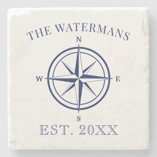 Nautical Compass Rose Navy Blue Family Name Stone Coaster