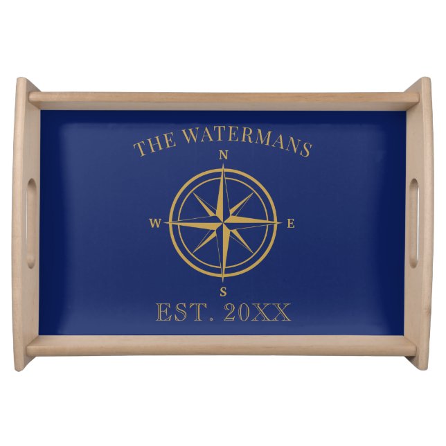 Nautical Compass Rose Navy Blue Gold Family Name Serving Tray (Front)