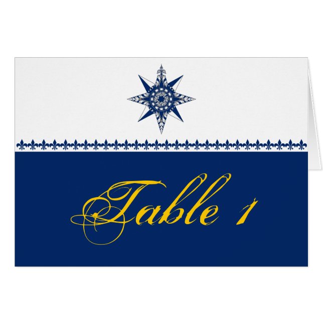 Nautical Compass Rose Navy Wedding Table Number (Front Horizontal)