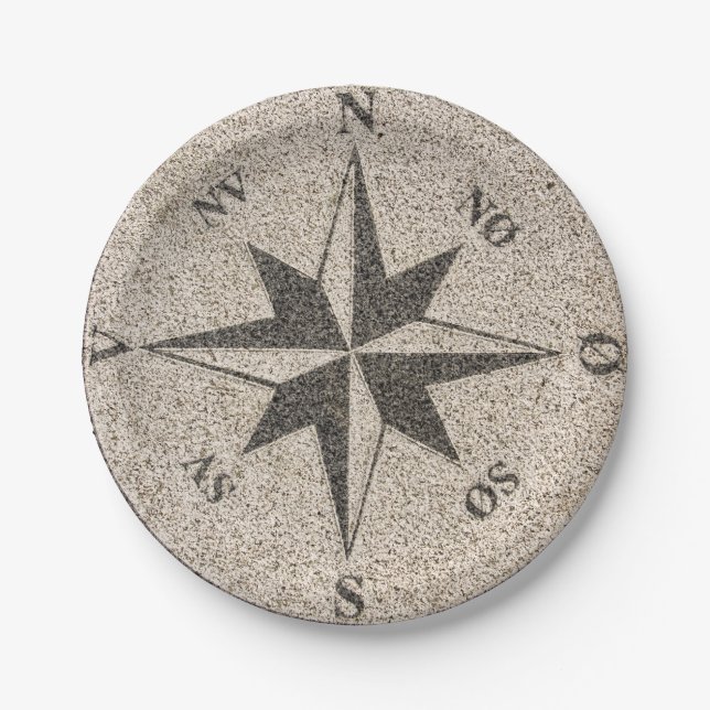 Nautical compass rose on gray granite paper plates (Front)