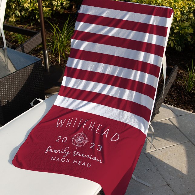 Nautical Compass Rose Stripe Red Monogram Beach Towel (Creator Uploaded)