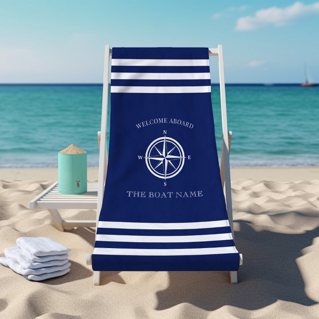 Nautical Compass Rose Welcome Aboard Boat Name Beach Towel (Creator Uploaded)