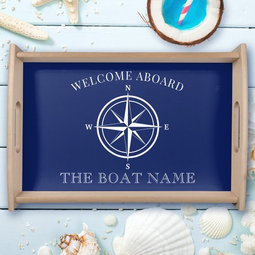 Nautical Compass Rose Welcome Aboard Boat Name Serving Tray