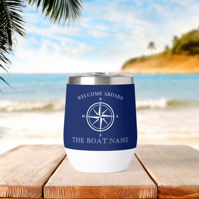 Nautical Compass Rose Welcome Aboard Boat Name Thermal Wine Tumbler (Beach (Rotated))