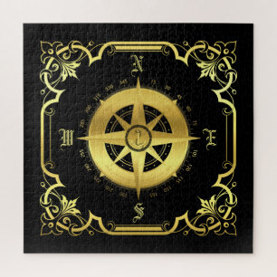 Nautical compass silhouette/gold/black/black jigsaw puzzle