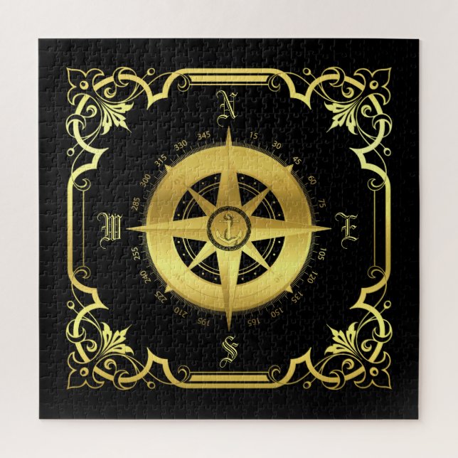 Nautical compass silhouette/gold/black/black jigsaw puzzle (Vertical)