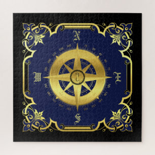 Nautical compass silhouette/gold/black/navy jigsaw puzzle