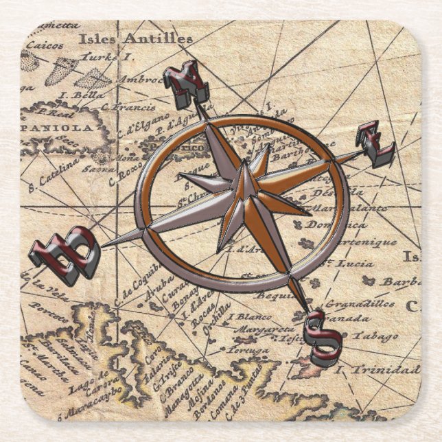 Nautical Compass Square Paper Coaster (Front)