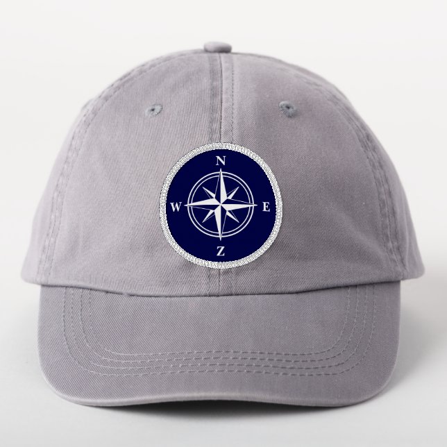 Nautical compass star navy blue and white sign patch (On Headwear)