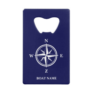 Nautical compass star navy blue custom boat name credit card bottle opener