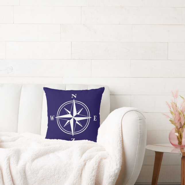Nautical compass star navy blue square throw pillow (Couch)