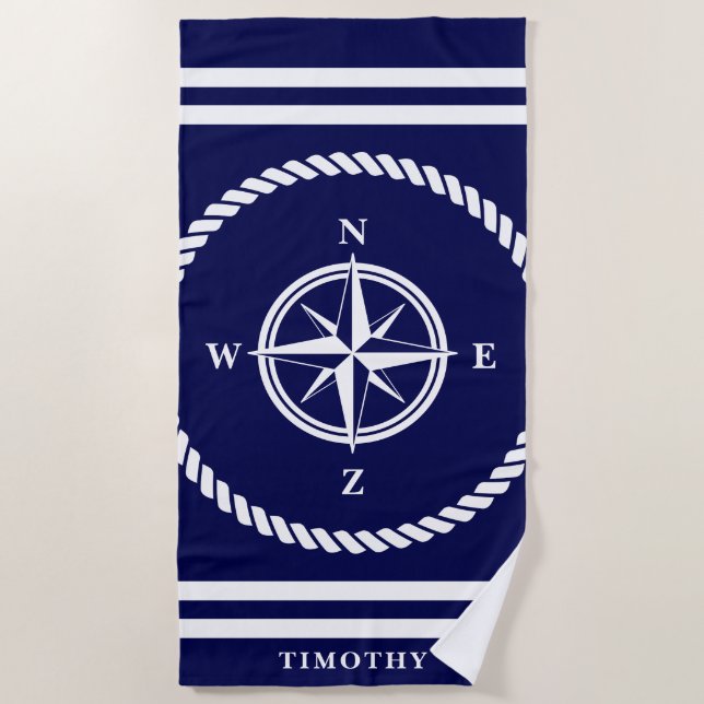 Nautical compass star rose navy blue and white beach towel (Front)