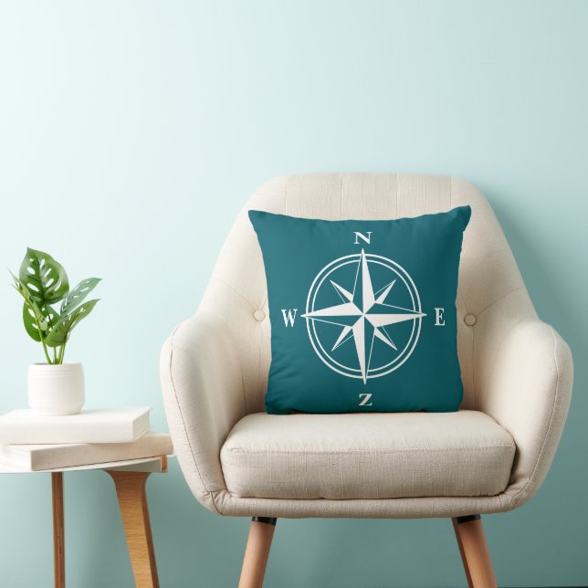 Nautical compass star teal blue cotton throw pillow (Chair)
