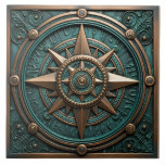 Nautical Compass Teal Metallic 3D Effect Ceramic Tile<br><div class="desc">Nautical themed compass desing with 3D,  faux copper,  bronze or brass metal effect.</div>
