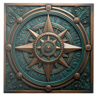 Nautical Compass Teal Metallic 3D Effect Ceramic Tile