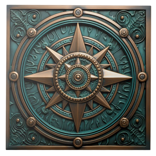 Nautical Compass Teal Metallic 3D Effect Ceramic Tile (Front)