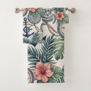 NAUTICAL COMPASS TROPICAL FLOWERS AND LEAVES BATH TOWEL SET