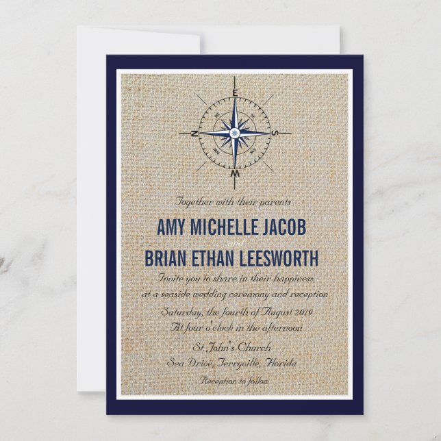 Nautical Compass/Yacht Club Navy Beach Wedding Invitation (Front)