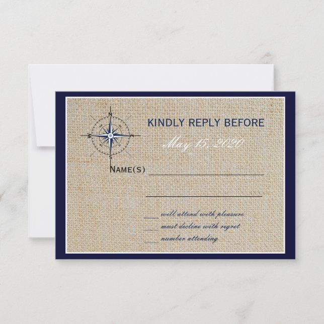 Nautical Compass/Yacht Club Navy Beach WeddingRSVP RSVP Card (Front)