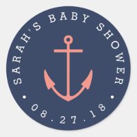 Nautical Coral and Navy Anchor Baby Shower Classic Round Sticker