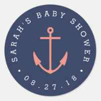 Nautical Coral and Navy Anchor Baby Shower Classic Round Sticker