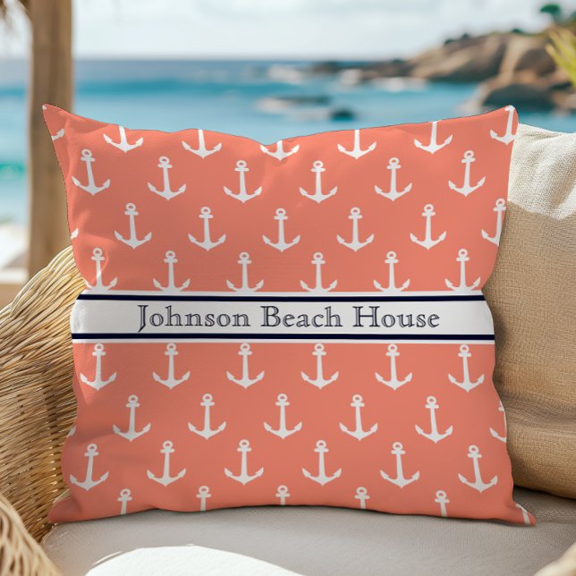 Nautical Coral Blue White Anchor Pattern Name Throw Pillow (Creator Uploaded)