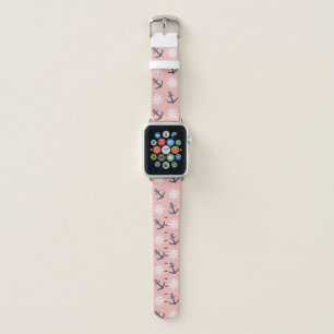 Nautical coral navy blue anchor and wheel pattern apple watch band