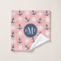 Custom Nautical Anchor Bathroom Navy Blue Coral Bath Towel Set