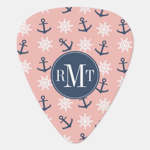 Nautical coral navy blue anchor and wheel pattern guitar pick