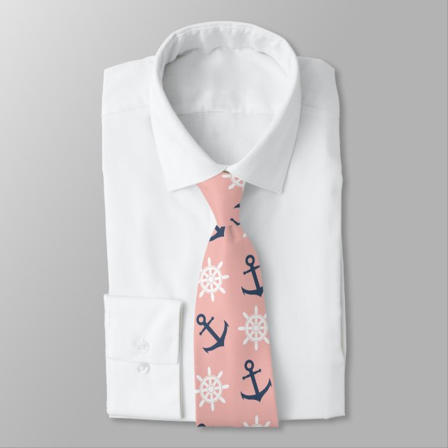 Nautical coral navy blue anchor and wheel pattern neck tie (Tied)