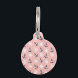 Nautical coral navy blue anchor and wheel pattern pet ID tag<br><div class="desc">Nautical anchor and ship steering wheel pattern in navy blue,  white and coral.</div>