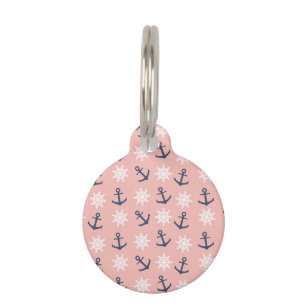 Nautical coral navy blue anchor and wheel pattern pet ID tag