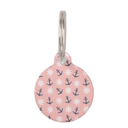 Nautical Coral Navy Blue Anchor And Wheel Pattern Pet Id Tag