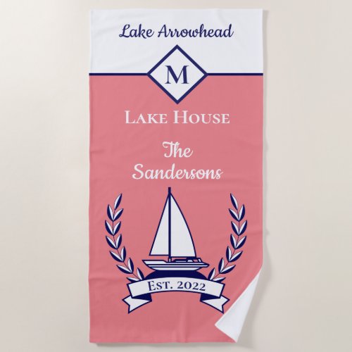 Nautical Coral Navy Blue Monogram Lake House Beach Towel