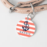 Nautical Coral & Navy Stripe Anchor Personalized Pet ID Tag<br><div class="desc">Pamper your pet! Design features a rope and anchor illustration in classic navy blue on a coral and white stripe background. Customize with your pet's name on front and contact details on back. Coordinating accessories available in our shop,  including bowls and pet beds!</div>