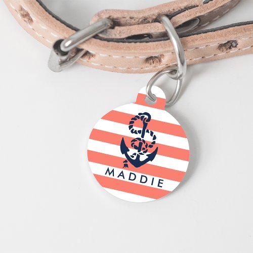 Nautical Coral  Navy Stripe Anchor Personalized Pet ID Tag