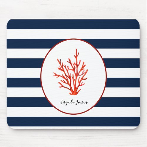 Nautical Coral on Navy  white stripe mousepad