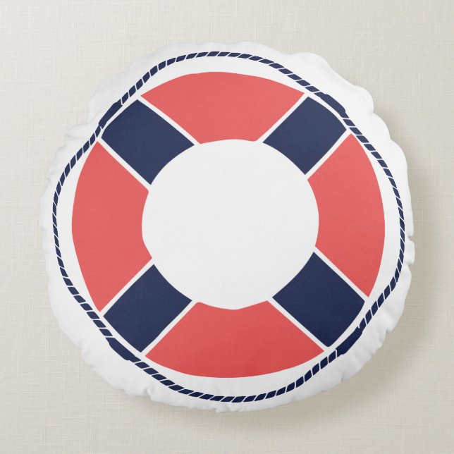 Nautical Coral Orange Navy Take the Helm Mate! Round Pillow (Front)