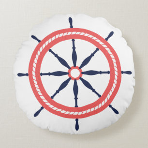 Nautical Coral Orange Navy Take the Helm Mate! Round Pillow