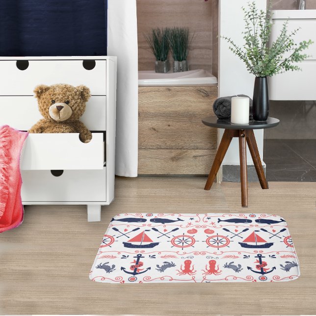 Nautical Coral Orange Navy Whales Ropes and Banner Bathroom Mat (Creator Uploaded)